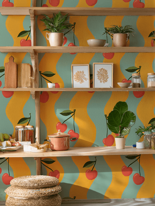 Wavy Cherry Wallpaper, yellow and teal - mosswell.us