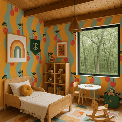 Wavy Cherry Wallpaper, yellow and teal - mosswell.us