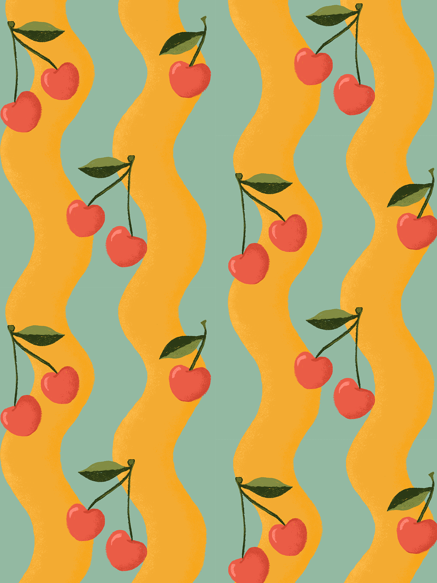 Wavy Cherry Wallpaper, yellow and teal - mosswell.us