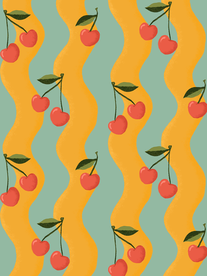 Wavy Cherry Wallpaper, yellow and teal - mosswell.us