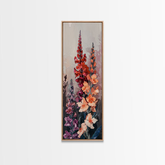Wood Block Print Featuring Vibrant Gladiolus Flowers In A Dynamic Arrangement, Skinny Art, Tall Art, Japanese Style Art, Ukiyo - e Art, Framed Canvas Print - mosswell.us