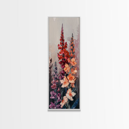 Wood Block Print Featuring Vibrant Gladiolus Flowers In A Dynamic Arrangement, Skinny Art, Tall Art, Japanese Style Art, Ukiyo - e Art, Framed Canvas Print - mosswell.us