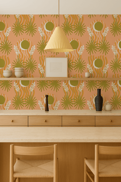 Yucca Moon Wallpaper, peach & green - mosswell.us
