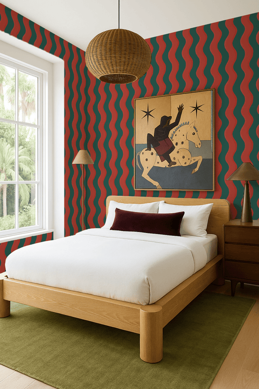 Ziggy Stripe Wallpaper, dark teal and brick red - mosswell.us