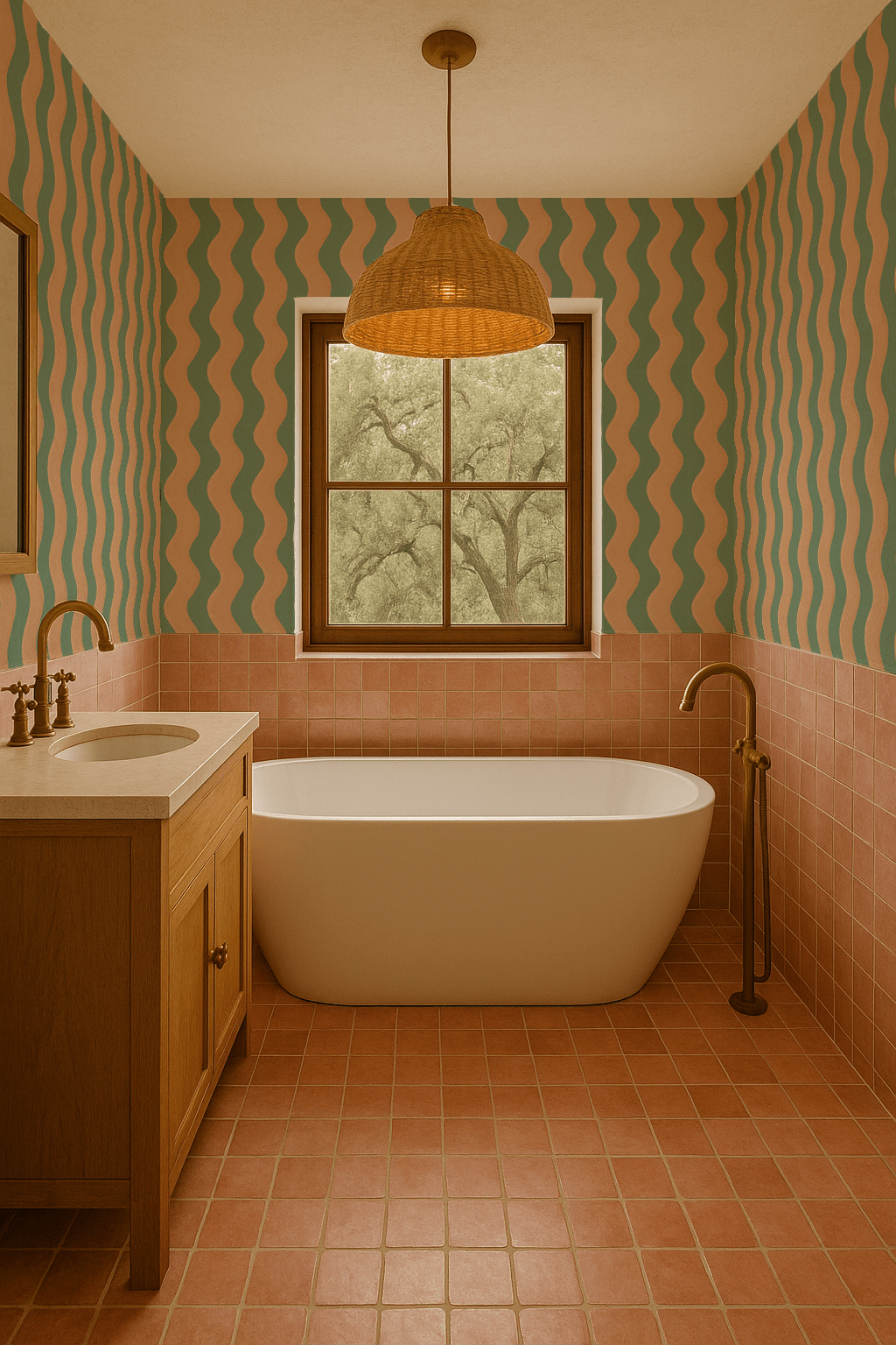 Ziggy Stripe Wallpaper, teal and apricot - mosswell.us