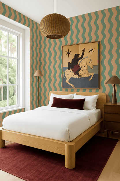 Ziggy Stripe Wallpaper, teal and apricot - mosswell.us