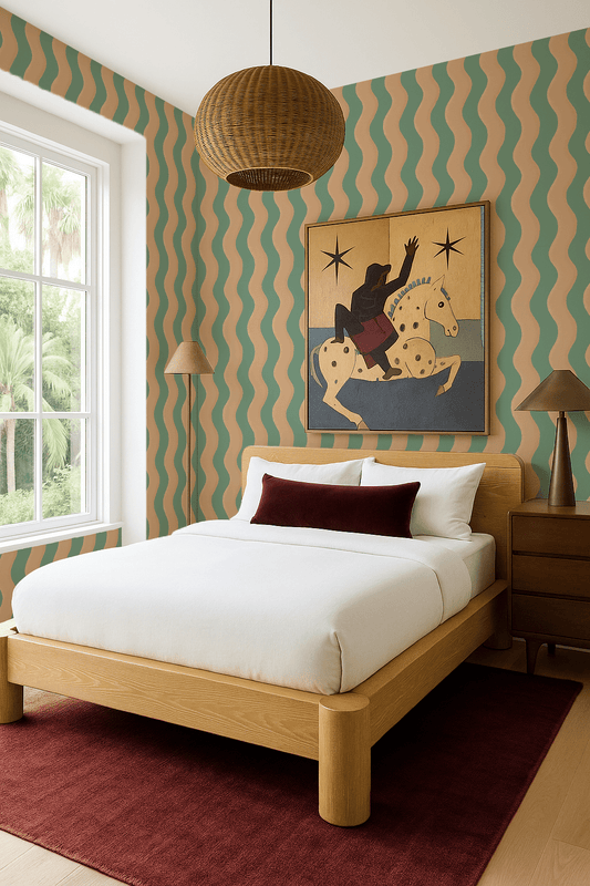 Ziggy Stripe Wallpaper, teal and apricot - mosswell.us