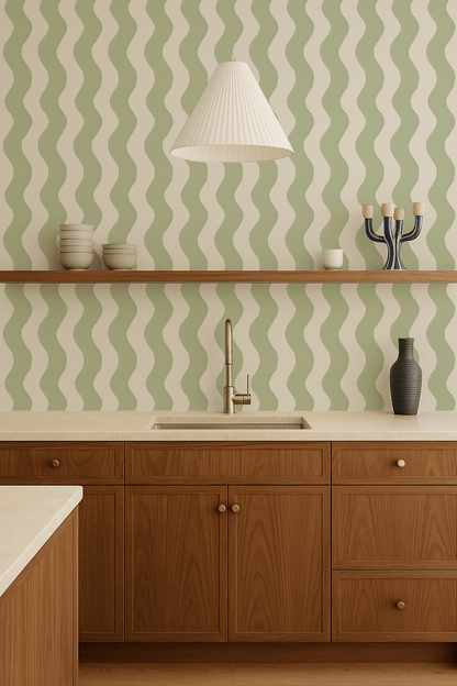 Ziggy Stripe Wallpaper, white and dusty lime - mosswell.us